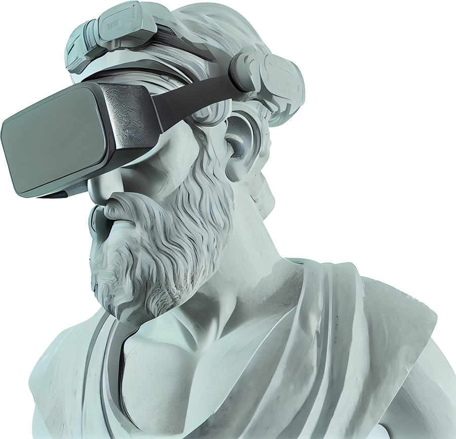 Classical marble bust wearing a modern VR visor